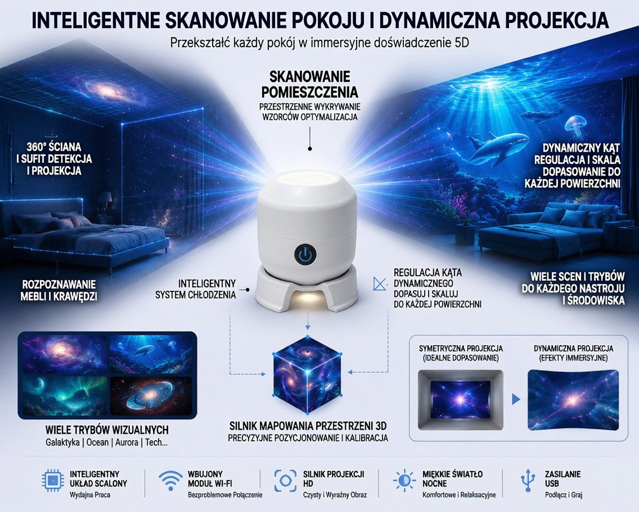 Ostatni dzień –70% 🔥 | Projektor światła nocnego REBYIPO® — Inteligentny projektor 5D (holograficzne rozgwieżdżone niebo i ocean) 🌠